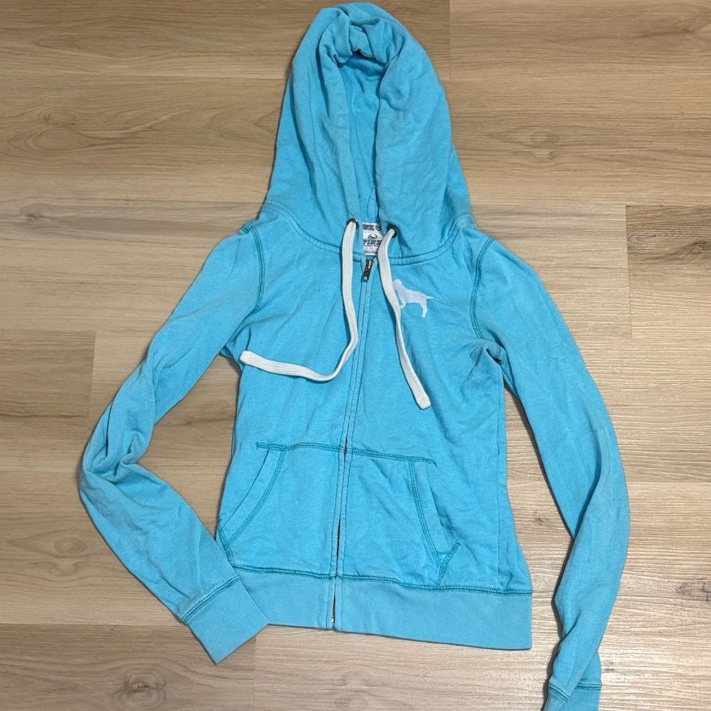 Victoria Secret PINK Light Blue Zip-Up Hoodie Sweatshirt  XS Vintage